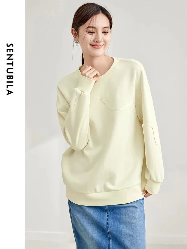 Sentubila-Sudadera con cuello redondo de gran tamaño para mujer, suéter de manga larga, ropa femenina, Otoño, 133A50535, 2023