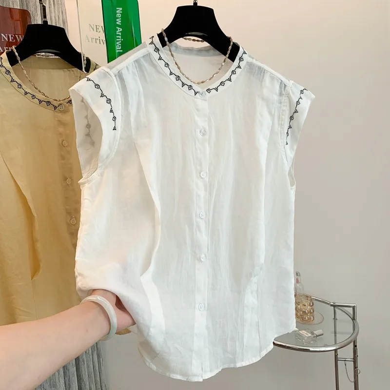 เสื้อคาร์ดิแกนผ้าฝ้ายลินินปักลาย สำหรับผู้หญิง แฟชั่นฤดูร้อน สไตล์วัยรุ่น คอตั้ง ทรงเข้ารูป ผ้าบางเบา