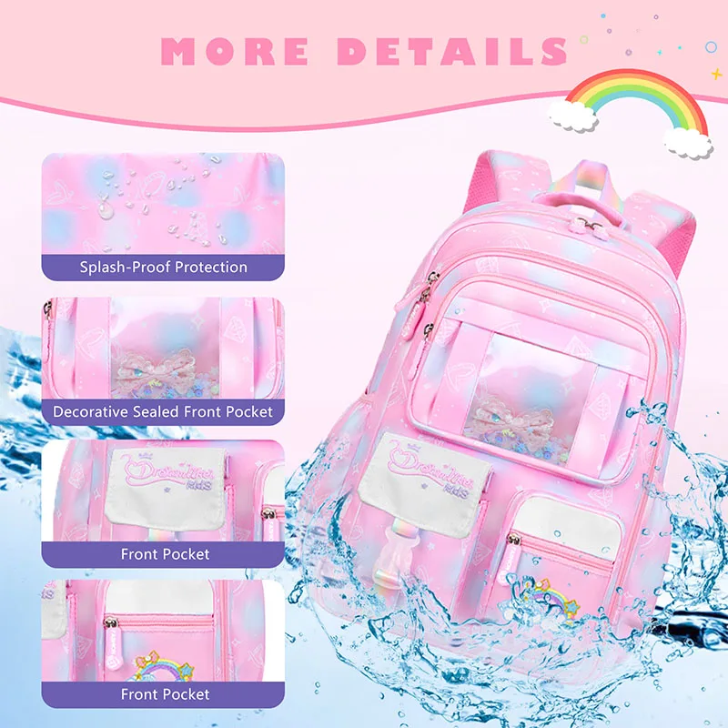 3Pcs Primary School Bag Glitter School Backpack for Girls Children\'s Travel Backpack with Lunch Case Kawaii Cartoon School Bag