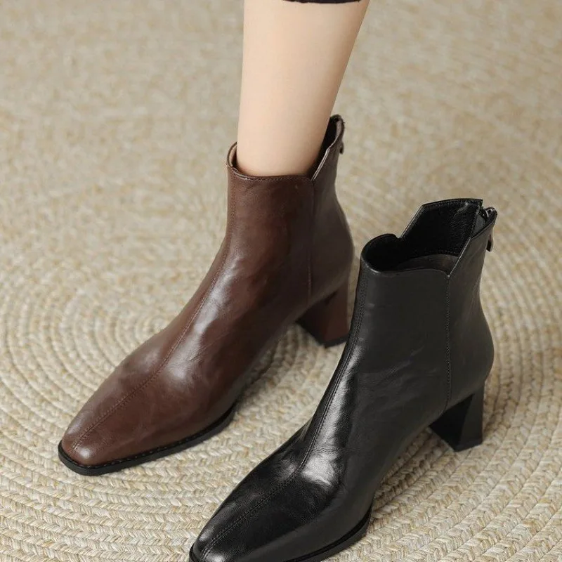 New High Heels Women Short Boots Fashion Brown Pointed Toe Coarse Heel Ankle Boots Casual Lady Shoes Middle Boots