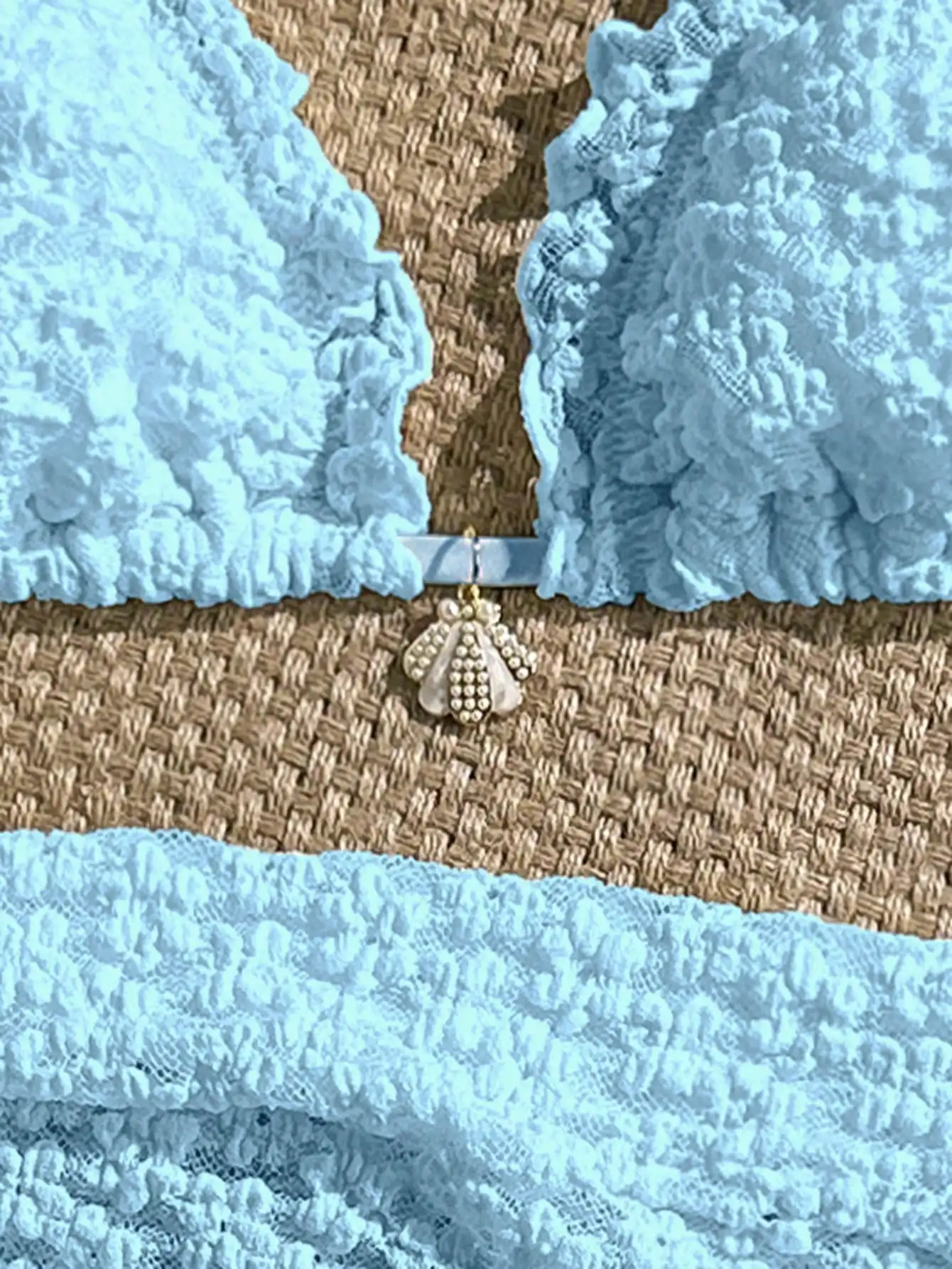 

3-Piece Lace Bikini Set With Faux Pearl Shell Decor Frill Trim Halter Triangle Bra Side Tie Bottoms Mini Skirt