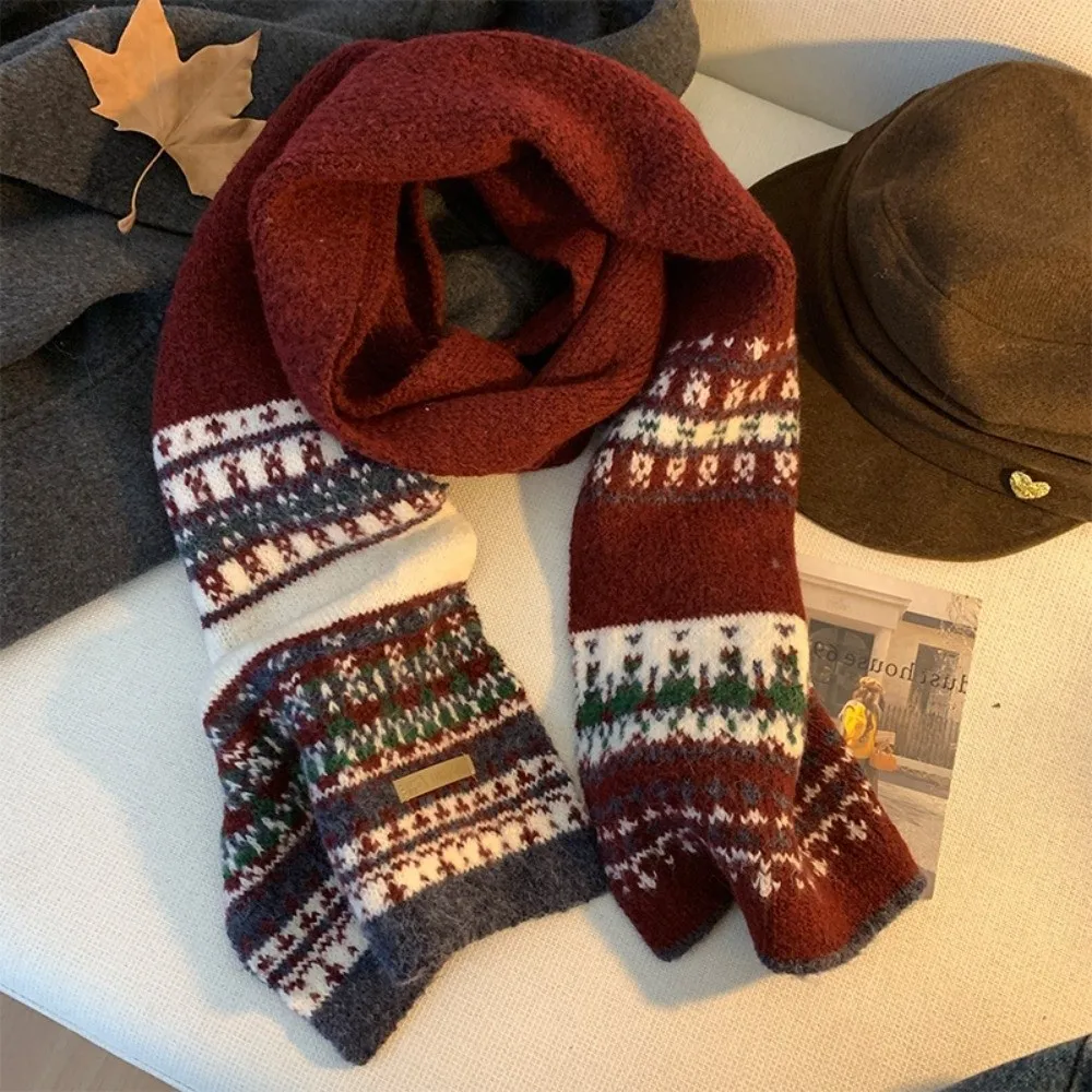 Versatile Polyester Fall Winter Knitted Scarf 160cm Length Fair Isle Pattern Thick Warm Neck Warmer Cold Proof Scarf For Women