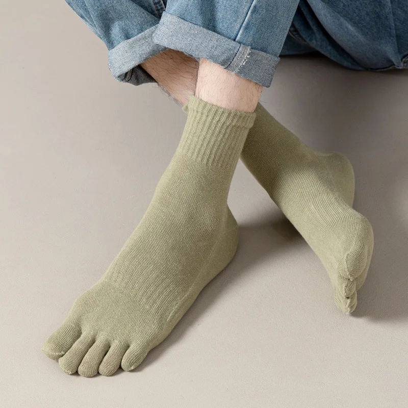 5 Pairs Spring Autumn Solid Five Finger Socks Men's Mid-Tube Elastic Sweat-absorbing Casual Business Cotton Toe Socks 8 Colors