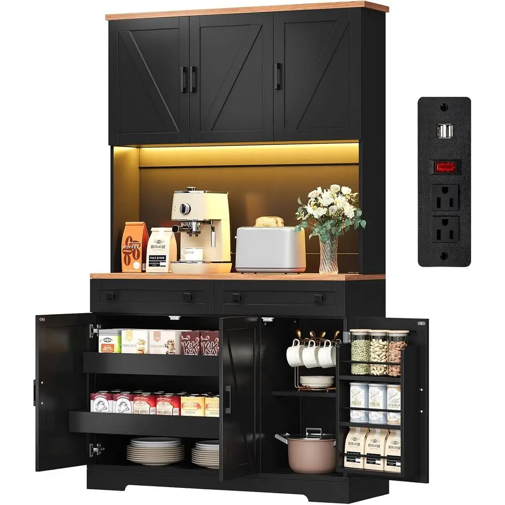

Black Tall Kitchen Pantry Cabinet with LED Lighting, Charging Station, Hutch, and Adjustable Shelves