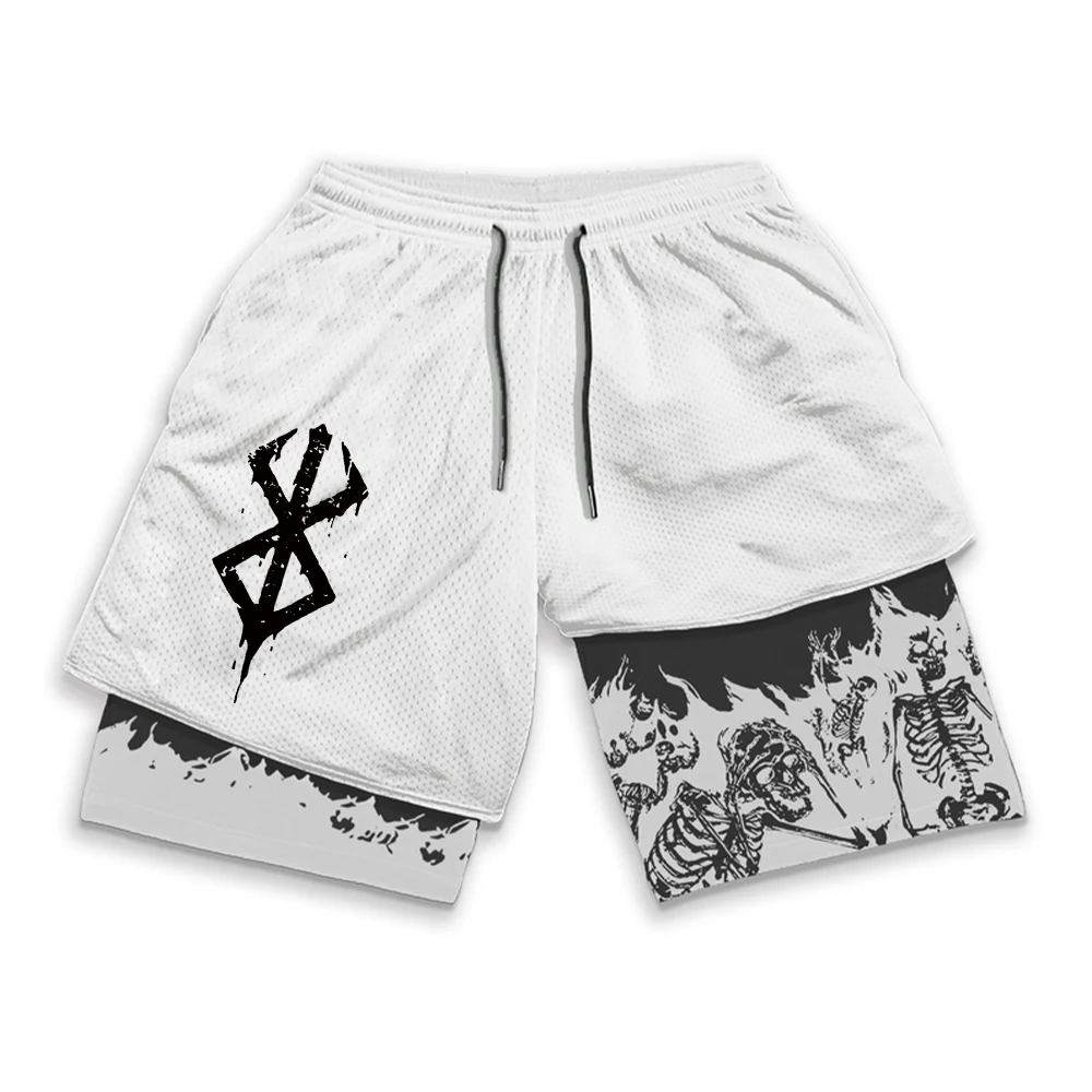 Anime Berserk Running Shorts Men Fitness Gym Training 2 in 1 Sports Shorts Quick Dry Workout Jogging Double Deck Summer