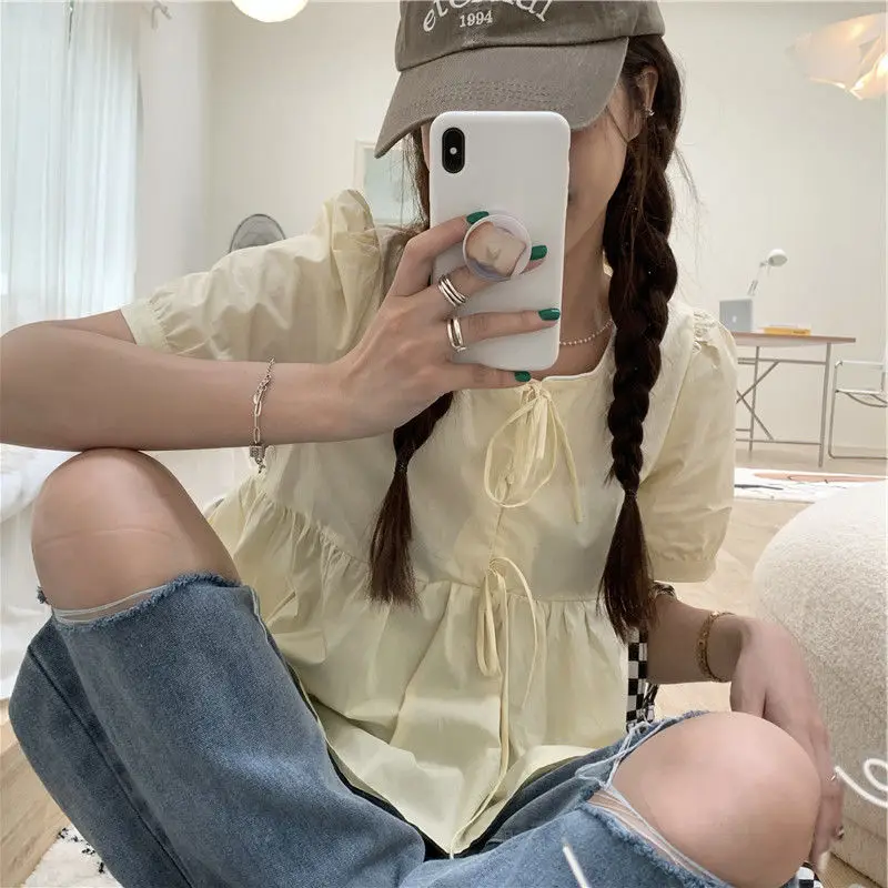 Ruffles Shirts and Blouses Korea Short Sleeve Top Women 2024 Summer Lace-up Sweet Blouses Cute Elegant Solid Sweet Folds Clothes