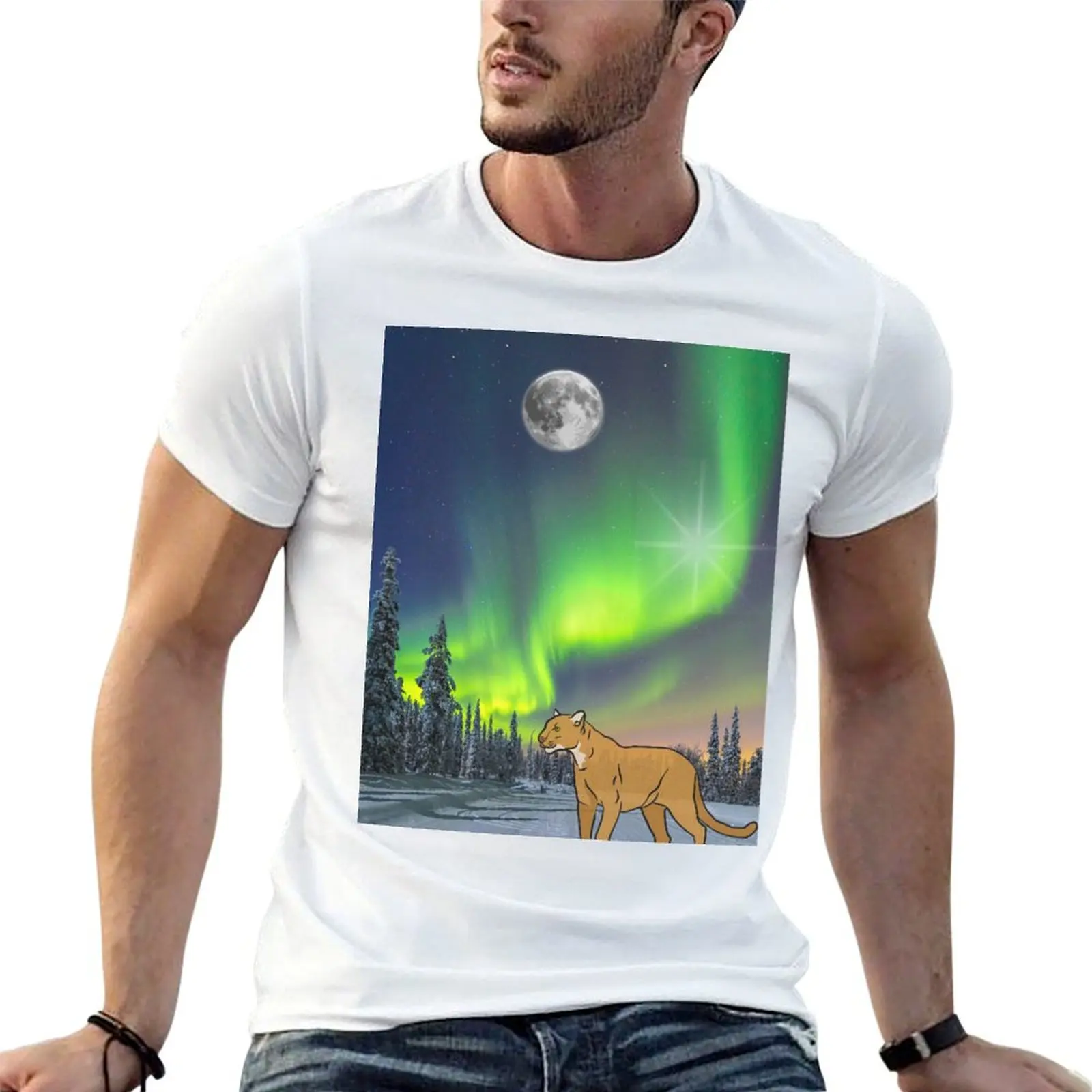 T-shirt Mountain Lion in Awe of Aurora Up North, t-shirt en coton pour homme, t-shirts en coton pour homme 100%, t-shirt en coton épais