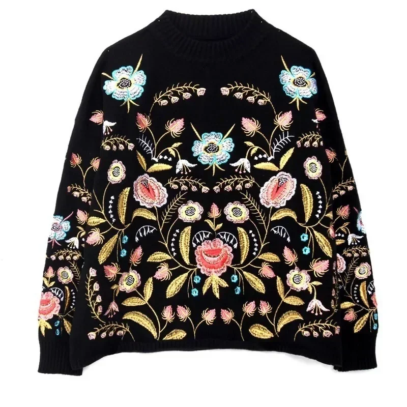 Spring 2024 Vintage Round Collar Flowers Embroidery Top Loose Korean Autumn Autumn Long Sleeve za Women New Fashion Sweater Y2k