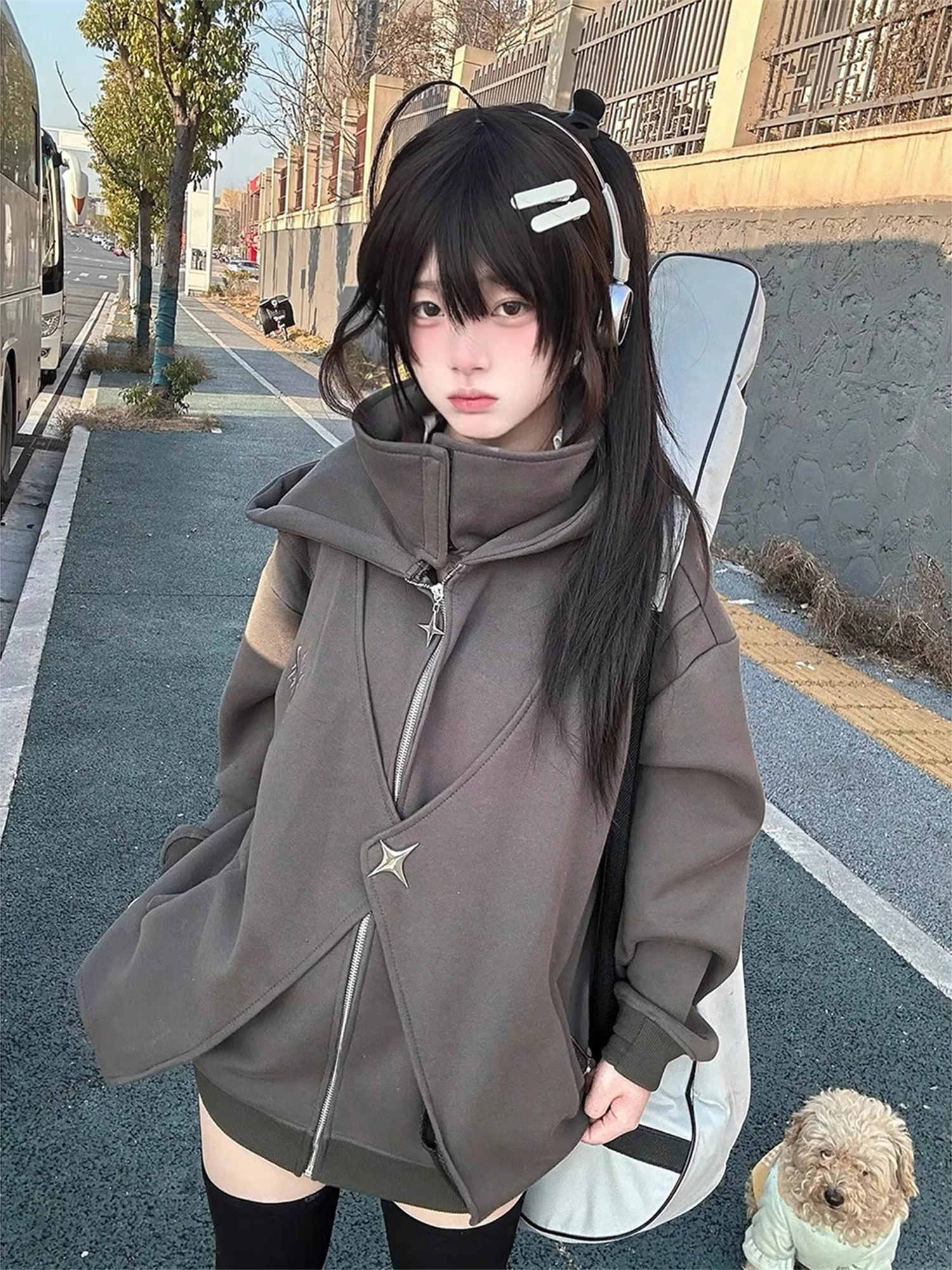 Y2K Grunge Aesthetic Dark Brown Layered Zip Up Hoodie Women Star Buckle High Neck Oversized Long Sleeve Sweatshirt