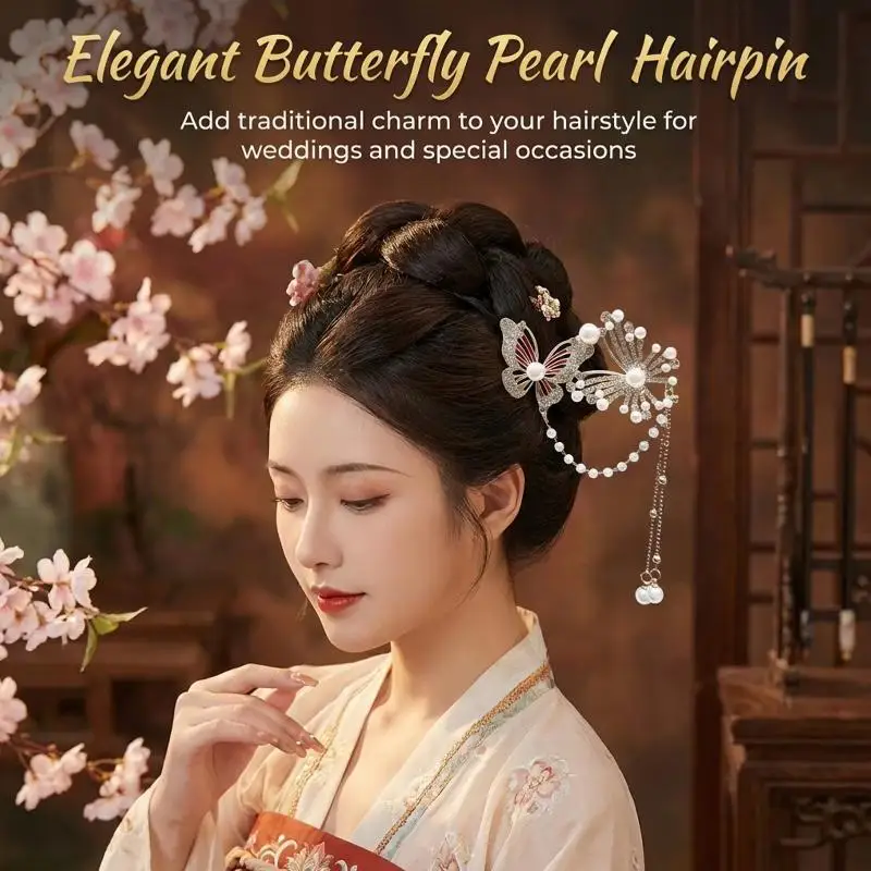 Classic Alloy Butterfly Tassel Hairpin for Women Floral Theme for Graceful Appearances