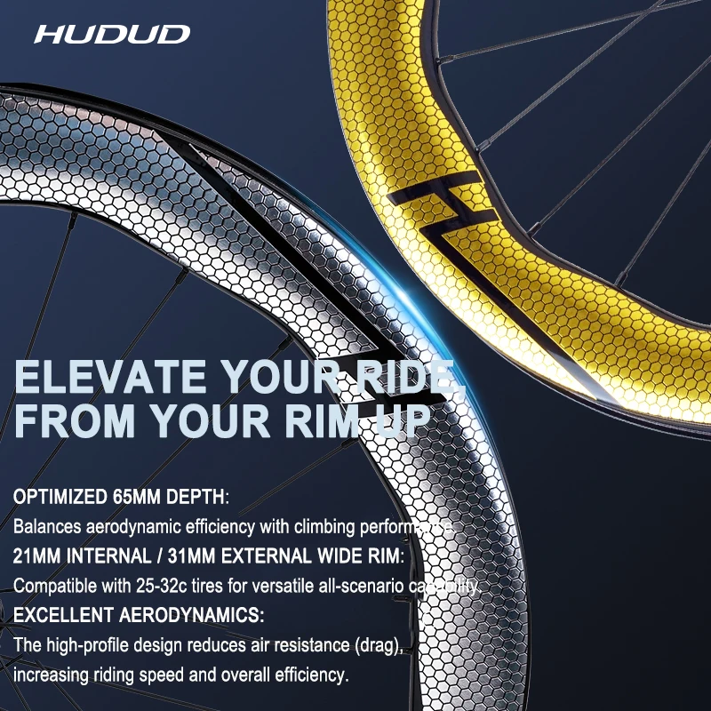 

HUDUD V6 T800 Carbon Wave Wheelset | 60 65 Rim Height | Black n Gold or Silver | 1830G | Aero Wheel | Disc Brake | 21 31mm Wide