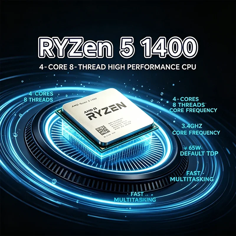 AMD Ryzen 5 1400 Processor 4-Core 8-Thread 3.2GHz Base 3.4GHz Max Boost AM4 Socket 8MB Cache 14nm 65W TDP Unlocked Desktop CPU