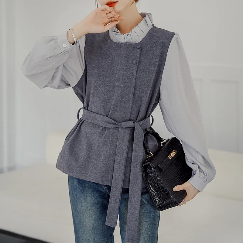 Elegant Fashion Ruffles Collar Women Blouse Contrasting Color Fake Two-Piece Shirt Slim Long Sleeve Office Lady Casual Tops