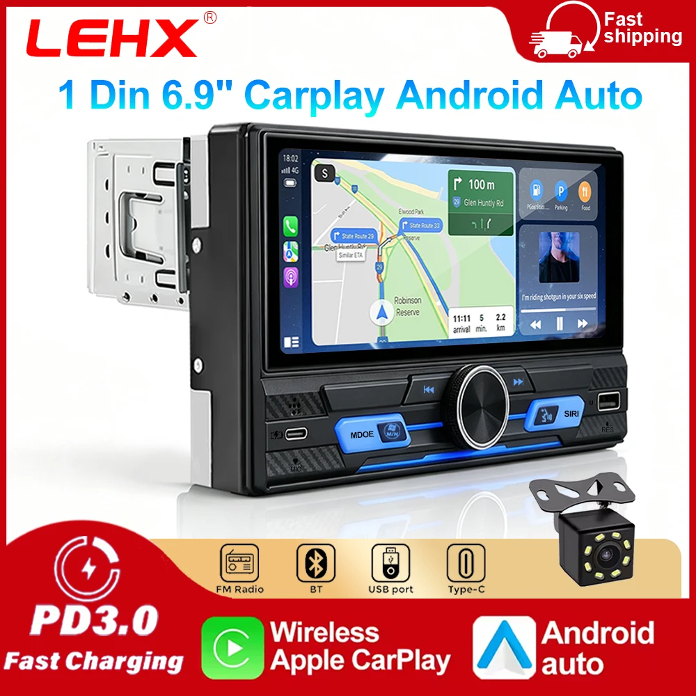 Uniwersalne radio samochodowe 1 Din IPS 6,9 cala z bezprzewodowym Carplay i Android Auto, odtwarzacz MP5, multimedialne wideo, autoradio, Airplay, Mirror Link, stereo, Bluetooth, sterowanie kierownicą