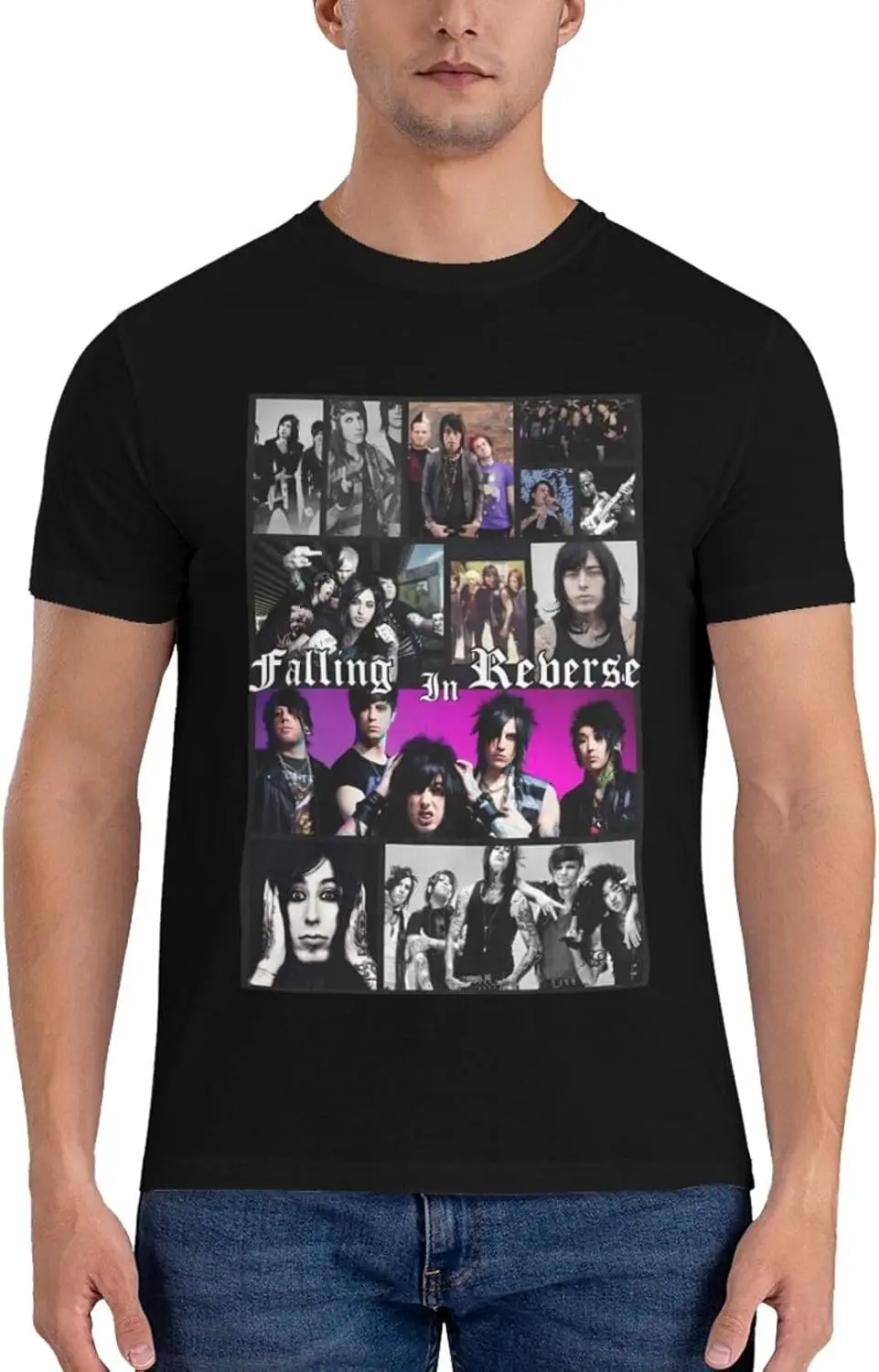 Falling in Band Reverse Shirt Men's Double-Sided Pattern Printed T-Shirt, Crew Neck Short Sleeved Top Black