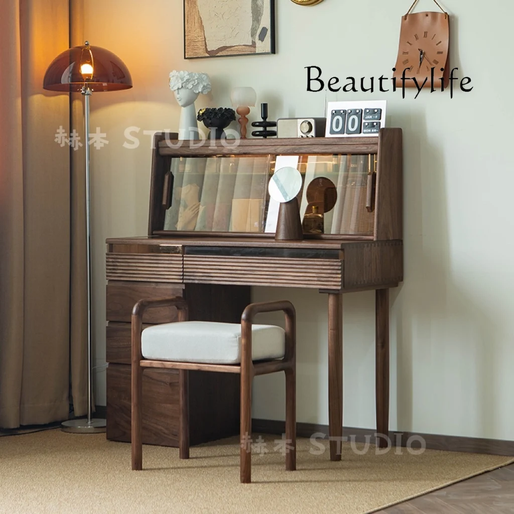 North America Black Walnut Wooden Dressing Table Bedroom Simple Cosmetic Cabinet Solid Wood Makeup Table Glass Door