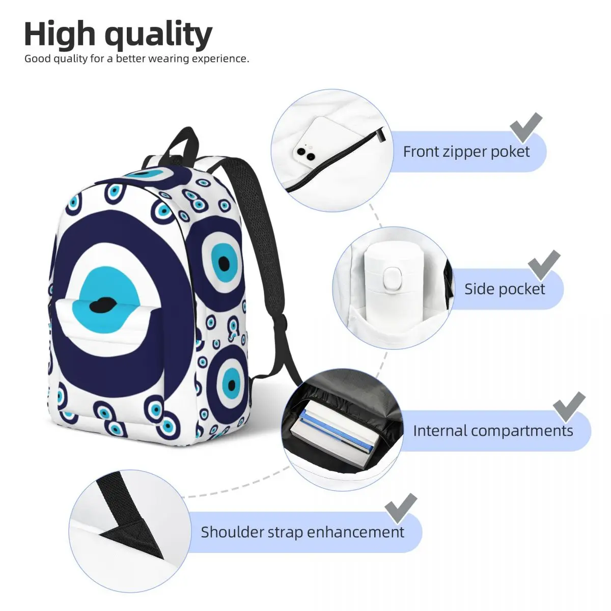 กระเป๋าเป้ผ้าแคนวาสลายตาปีศาจสีน้ำเงินกรมท่าและสีฟ้าอมเขียว สำหรับผู้หญิงและผู้ชาย เหมาะสำหรับใส่หนังสือเรียน ไปโรงเรียน มหาวิทยาลัย  กระเป๋าสไตล์โบฮีเมียน