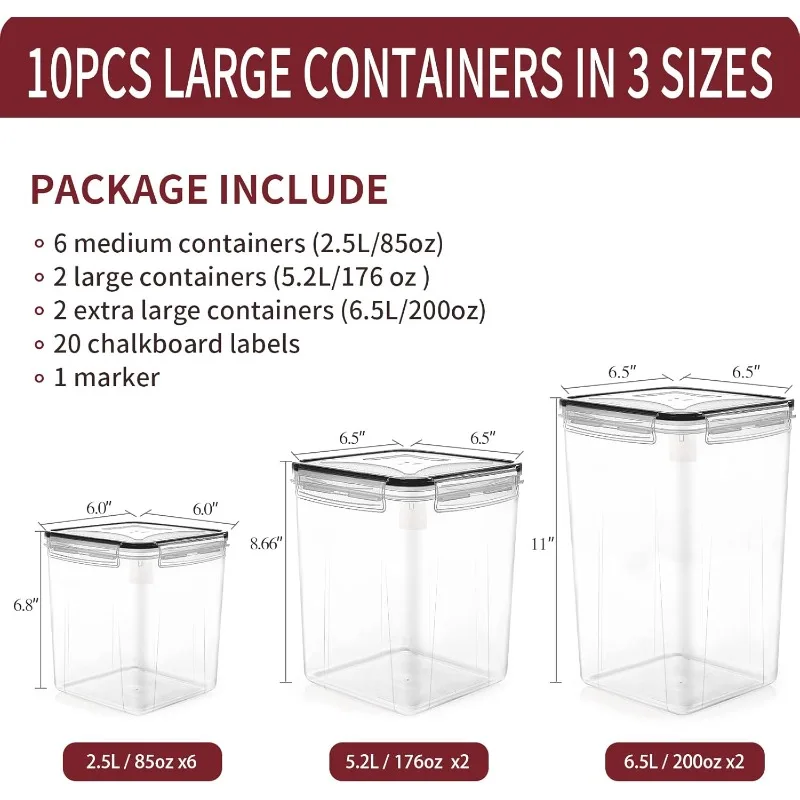 Large Airtight Food Storage Containers with Lids, 10PCS Plastic Cereal Storage Containers, Kitchen & Pantry Organizers and