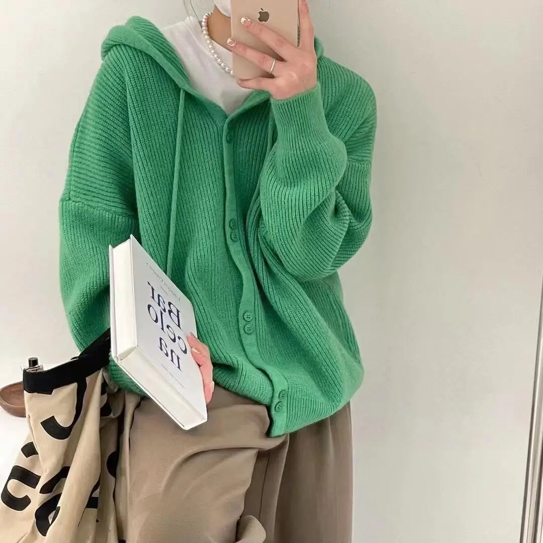 Sweater Women 2024 Fashion Hooded Spring Autumn New Solid Color Hoodies Tie Loose Soft Fruit Sweater Cardigan Women BD4130