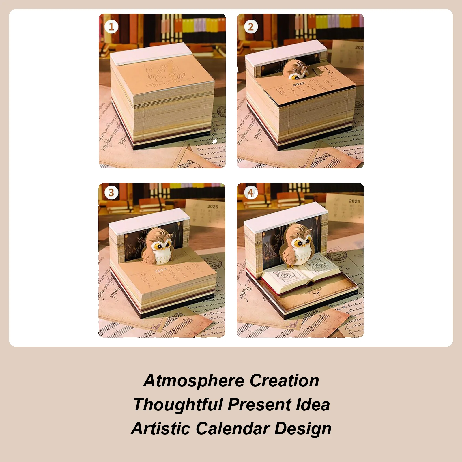 Time Piece Calendar 2026 Desk Calendar With Light 3D Art Owl Calendar Paper Carving Art Memo Pad Notepad Gift for Christmas Gift