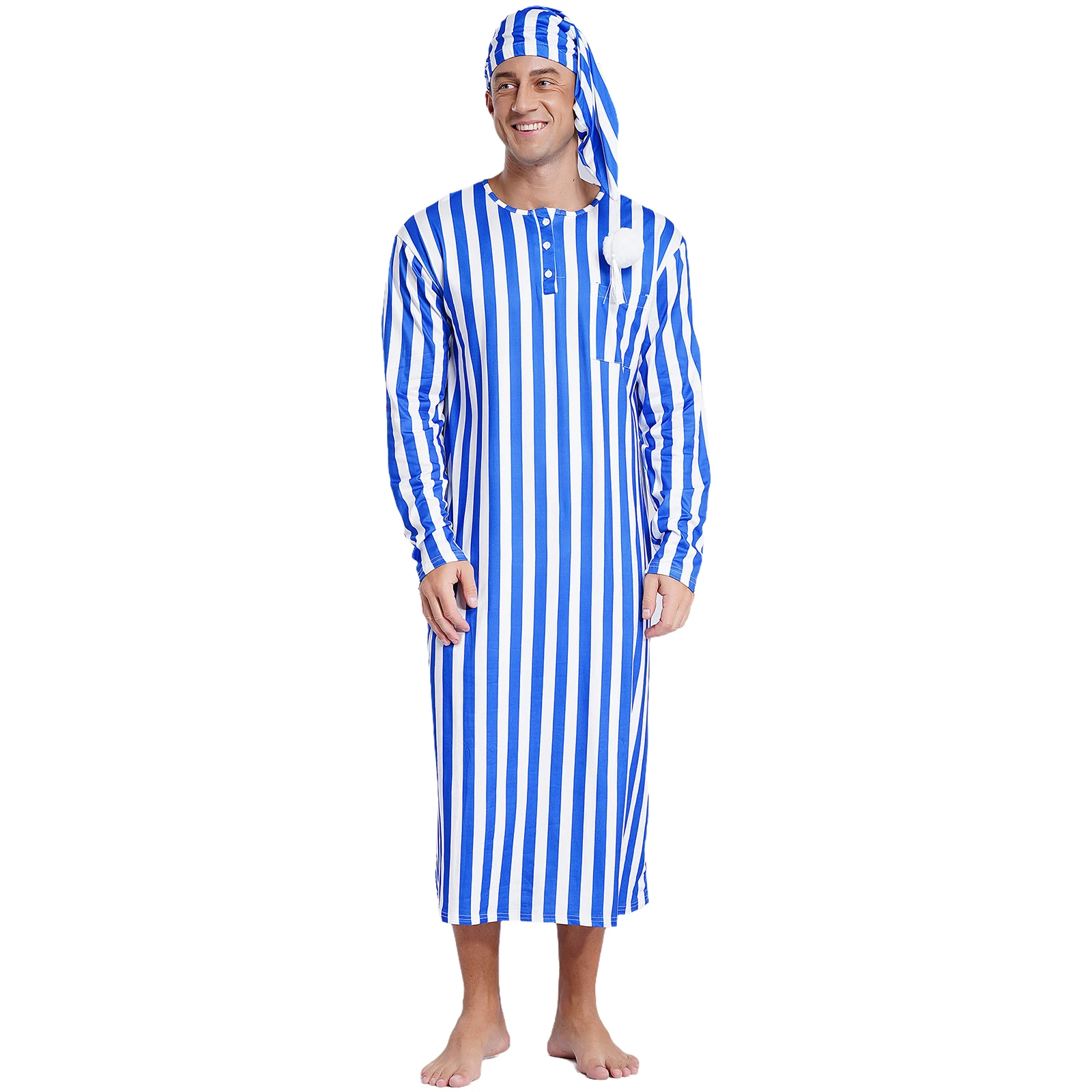 

Men's Striped Sleep Robe And Hat Long Sleeve Crew Neck Loose Pajamas Dress Comfortable Loungewear Homewear Christmas Sleepwear