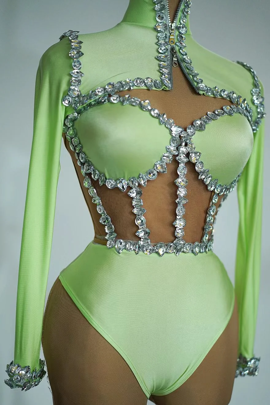 2025 핫셀링 신상 나이트클럽 바 섹시 테크놀로지 샤이닝 워터 다이아몬드 탄성 점프수트 패션 퍼포먼스 의류 yj010