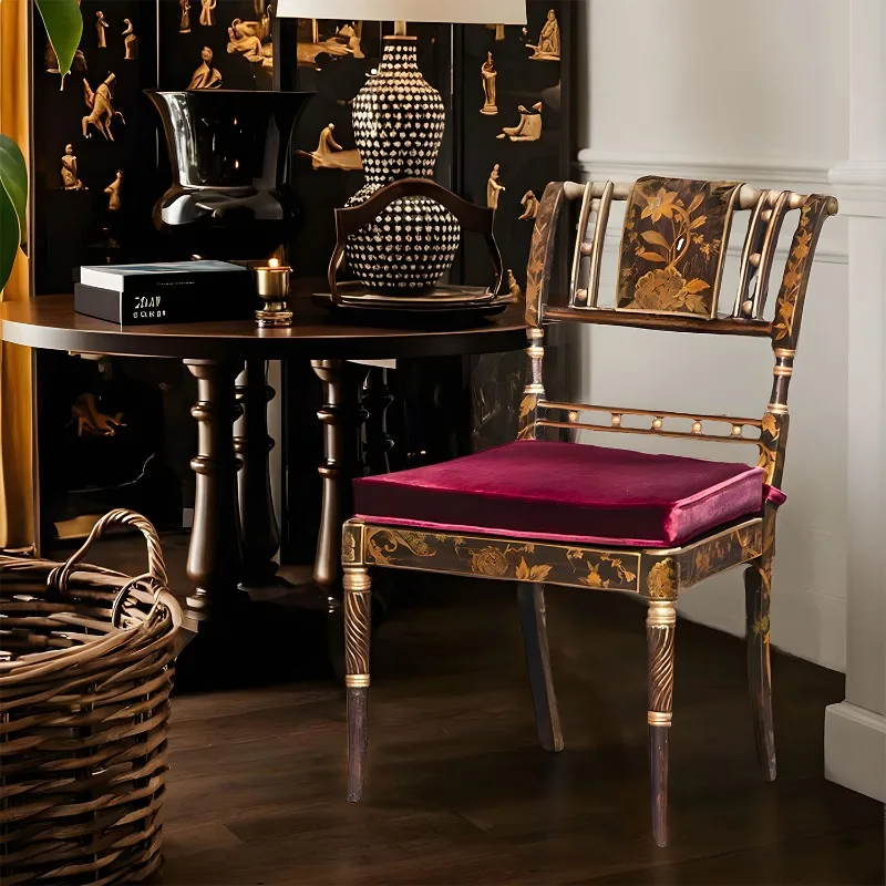 YS12 النمط الصيني الفرنسي، كرسي طعام المطاعم من الخشب الصلب، كرسي بذراعين كلاسيكي مطلي يدويًا 56 * 62 * 90 سم #3