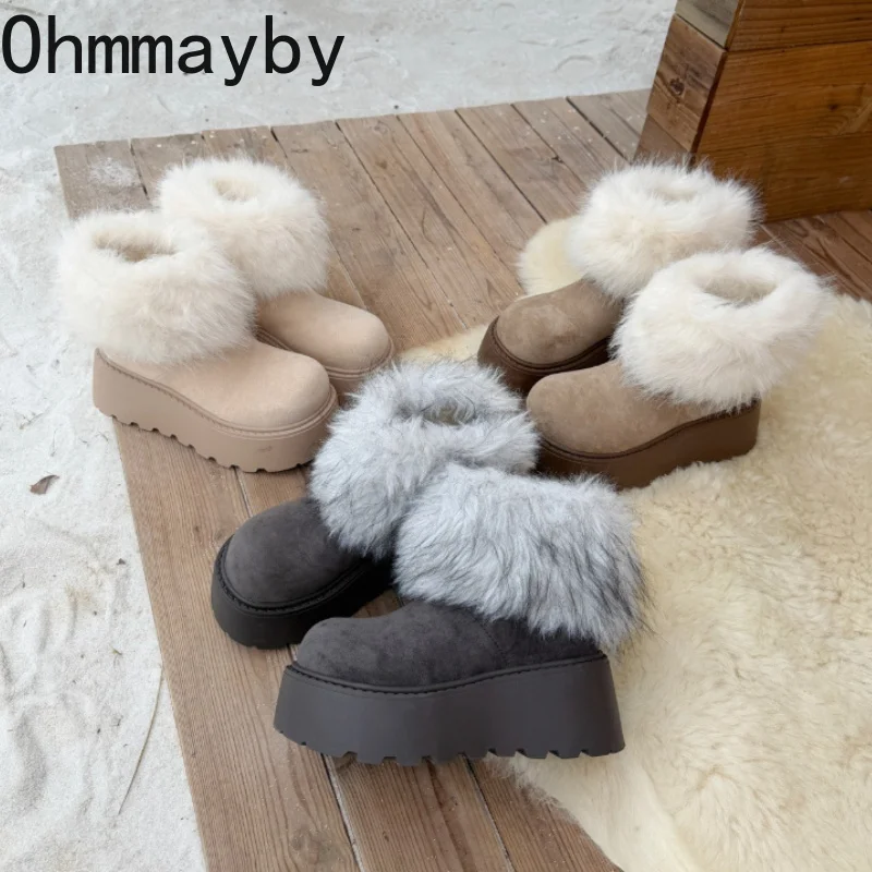 Sweet Women Furry Snow Booties Thick Platform Sole Removable Lace Decor Faux Fur Warm Lined Ladies Winter Short Boots