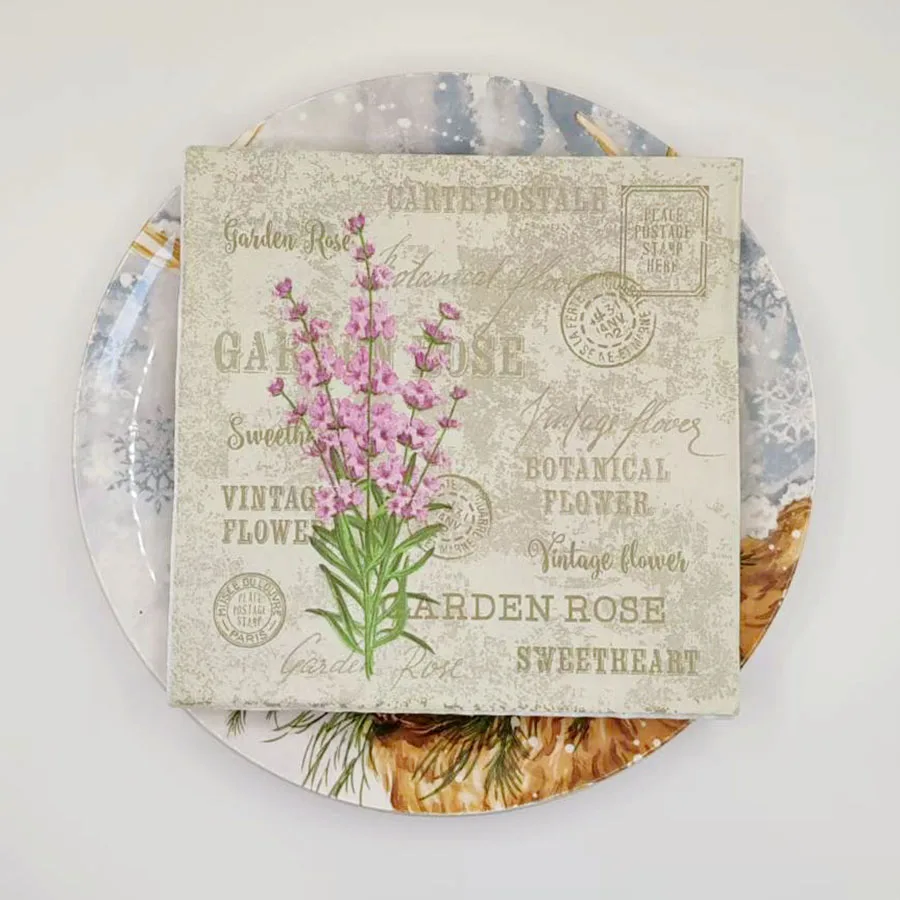 10/20 Stück Vintage Garden Rose Papierservietten, 33 x 33 cm, doppellagiges Kunstdesign mit antikem Porto und französischer Schrift |   Partydekoration