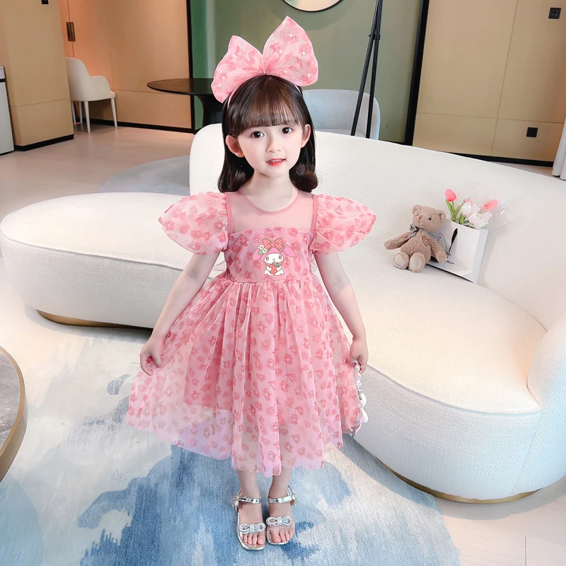 Gaun anak-anak Sanrio Hello Kitty Mymelody, gaun putri bayi perempuan lengan pendek jaring lucu hadiah anak-anak