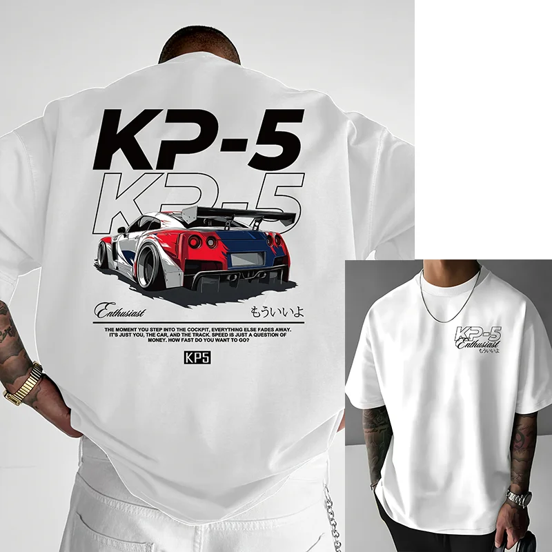 

KP5 Racing Culture Женская футболка с уличным узором Белая футболка с круглым вырезом и жирным буквенным принтом Дизайн автомобиля Женская летняя одежда