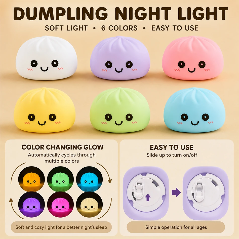 

2026 New Luminous Colored Steamed Dumpling Squishy Toy, Soft Silicone Decompression LED Night Light, Glowing Squeeze Lamp for An