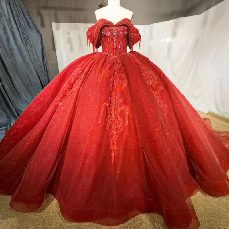 

Red Shiny Quinceanera Dresses Ball Gown Off The Shoulder Sequin Applique Lace Beading Crystal Tull Party Birthday Sweet 16 Dress