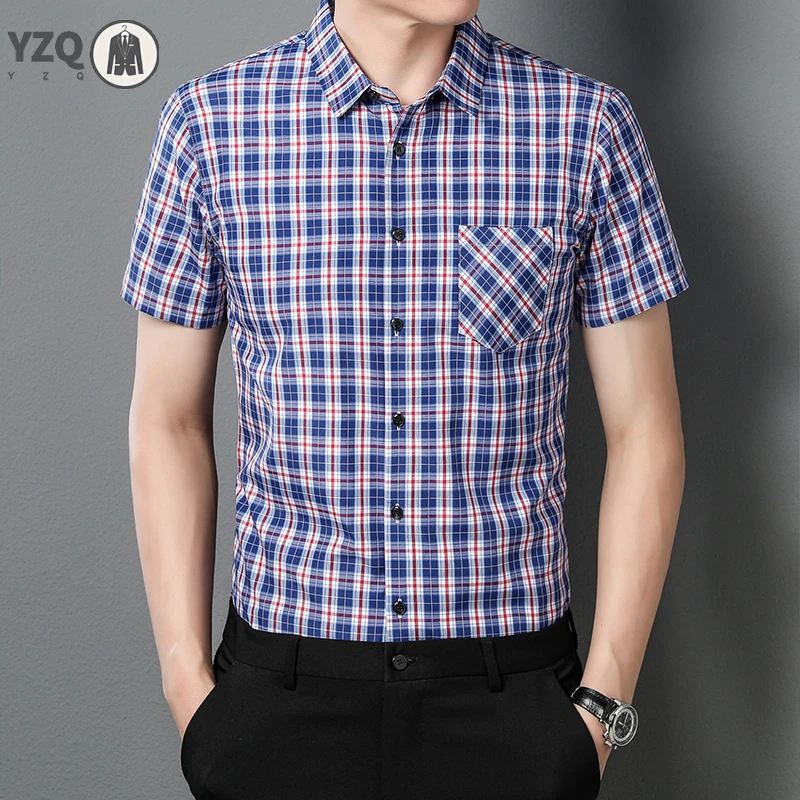 

New Men's Casual Plaid Short Sleeved Lapel Shirt for Summer Fashion Comfort No Ironing Wrinkle Resistant Top