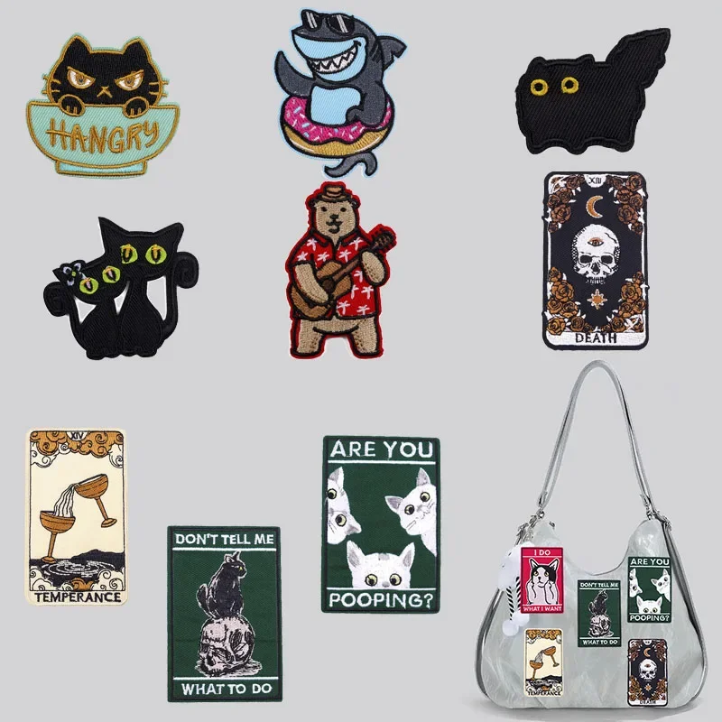 Iron On Patches for Clothes The Bowl Cat Clothing Stickers Fabric Sewing Embroidered Patch Thermal Adhesive Applique Fusible