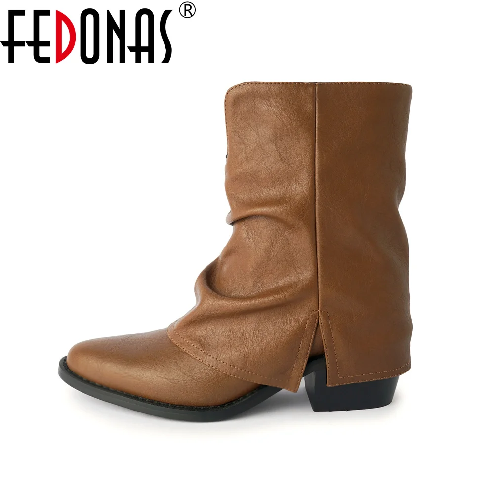 FEDONAS, botas para pantalones, Otoño Invierno, botines de cuero para mujer, plataforma de tacón alto, tendencia de moda, botas de moto occidentales para mujer