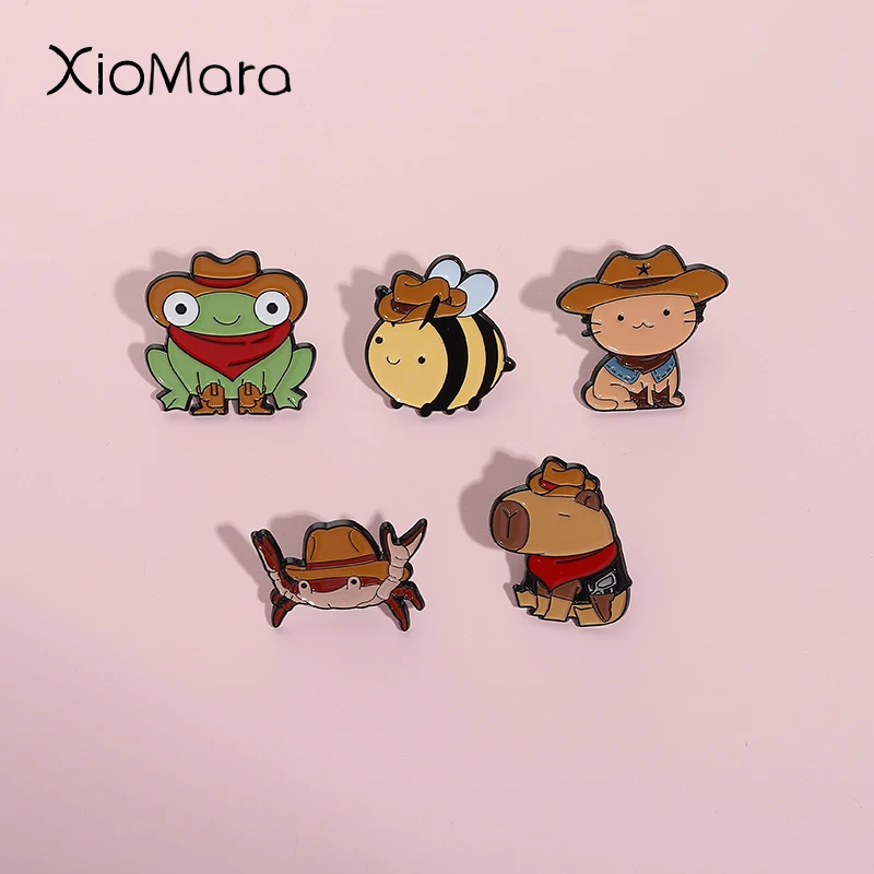 Western Cowboy Frog Enamel Pins Angry Sheriff Frog Bee Toad Capybara Brooches Lapel Badges Clothes Animal Jewelry Gift For Kids