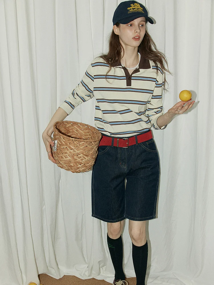 Spring Autumn  Neck T-Shirt Women's Base Shirt Color Block Double Layer Collar Blue Coffee Stripes Long Sleeve Casual Top