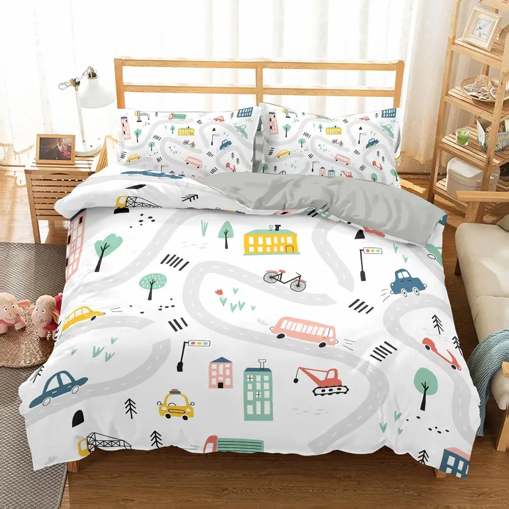 

Travel Guide Duvet Cover Set Cartoon Route Car House Building Pattern Bedding Set Microfiber Travel Theme King Size Quilt Cover