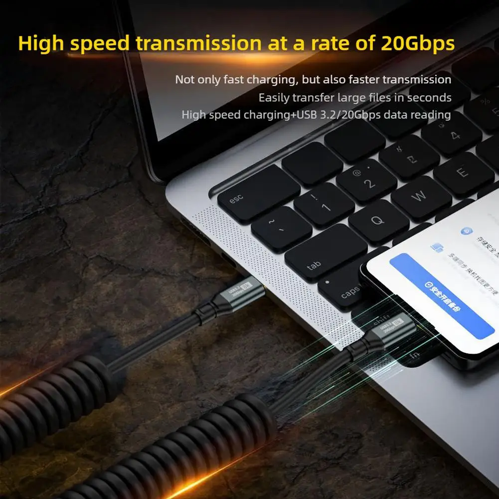 Cable en espiral de resorte tipo C a C compatible con transferencia de datos de 20Gbps pantalla de 8K @ 60Hz Cable de carga rápida USB C 100W para teléfono móvil de coche