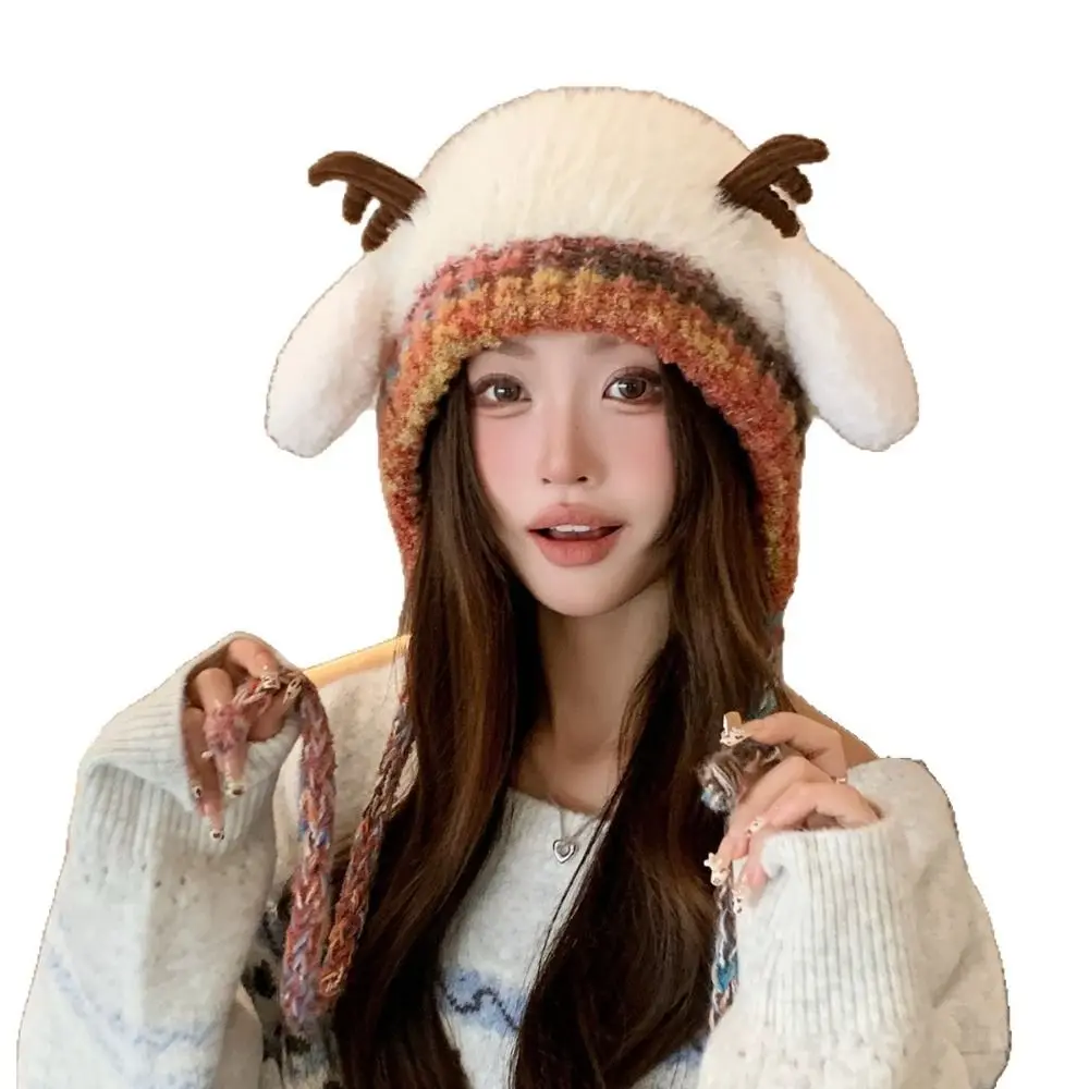 New Fur Deer Storage Hat Windproof Warm Knitted Deer Antler Hat Ear Protection Adjustable Festival Christmas Antler Hat Outdoor