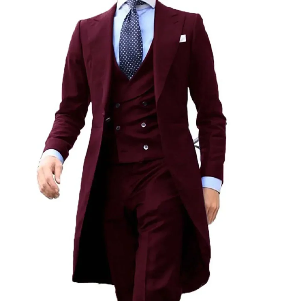 Casaco longo com designs formais, ternos masculinos suaves, conjunto de smoking de casamento, blazer de baile, moda personalizada, 3 peças (jaqueta + colete + calça)