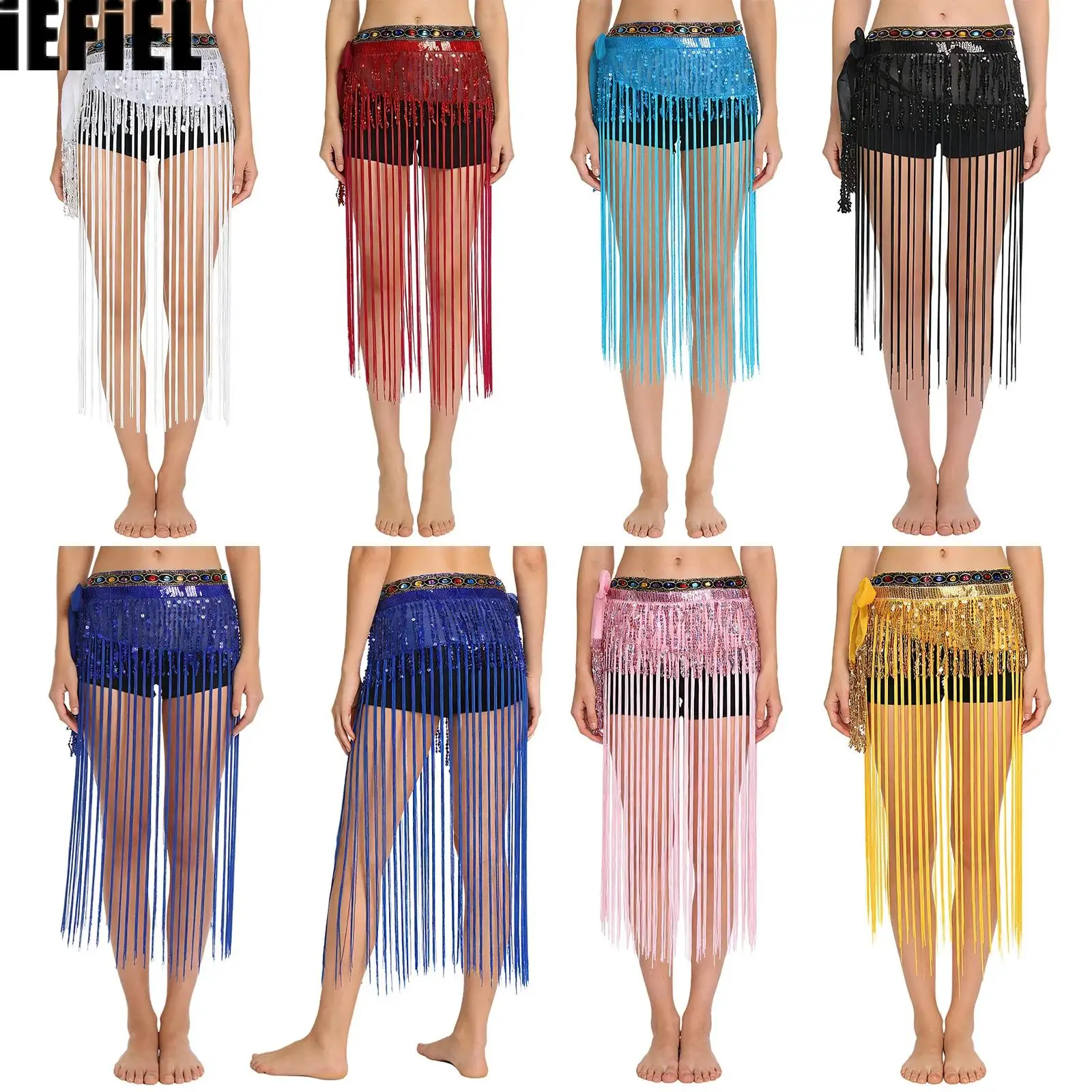 

Women Belly Dance Fringed Hip Scarf Colorful Gem Decor Waistband Tiered Sequin Tassel Waist Chain Skirt for Stage