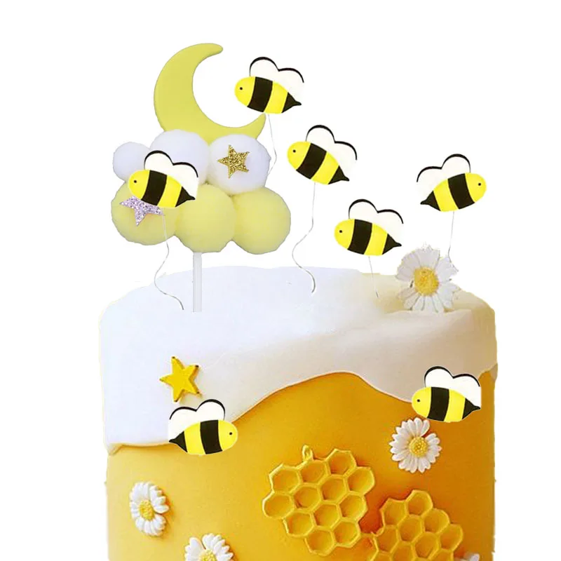 7pcs Bee Cake Toppers For Honey Bear Theme Party Decorations Baby Shower Kids Happy Birthday Party Supplies Cupcake Decors