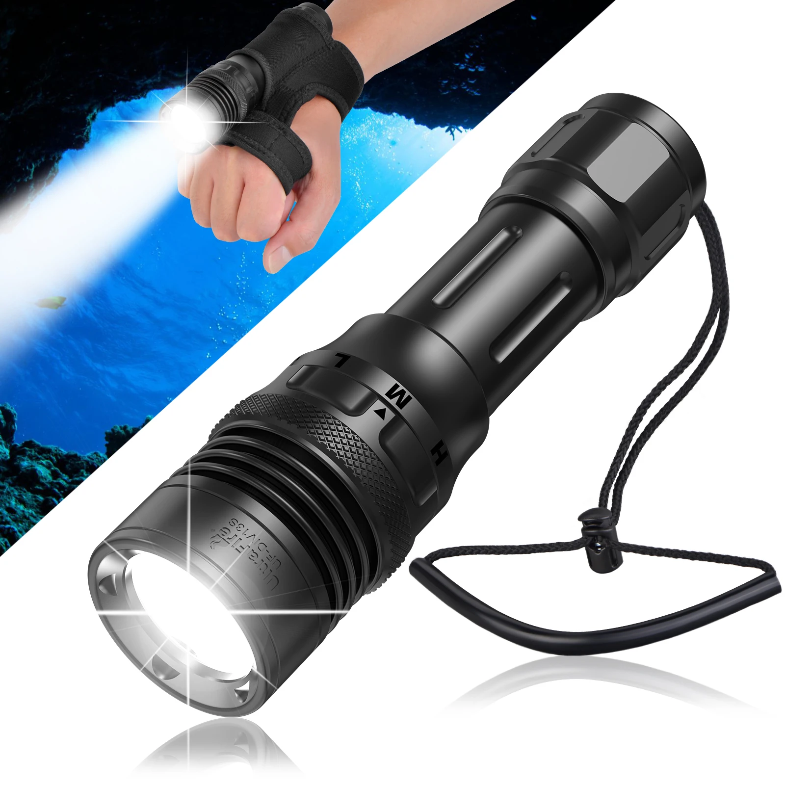 

UltraFire UF-DIV13S 3350 Lumens Diving Flashlight 300M Beam Range Rechargeable Dive Torch 100M Scuba Light with Magnetic Switch