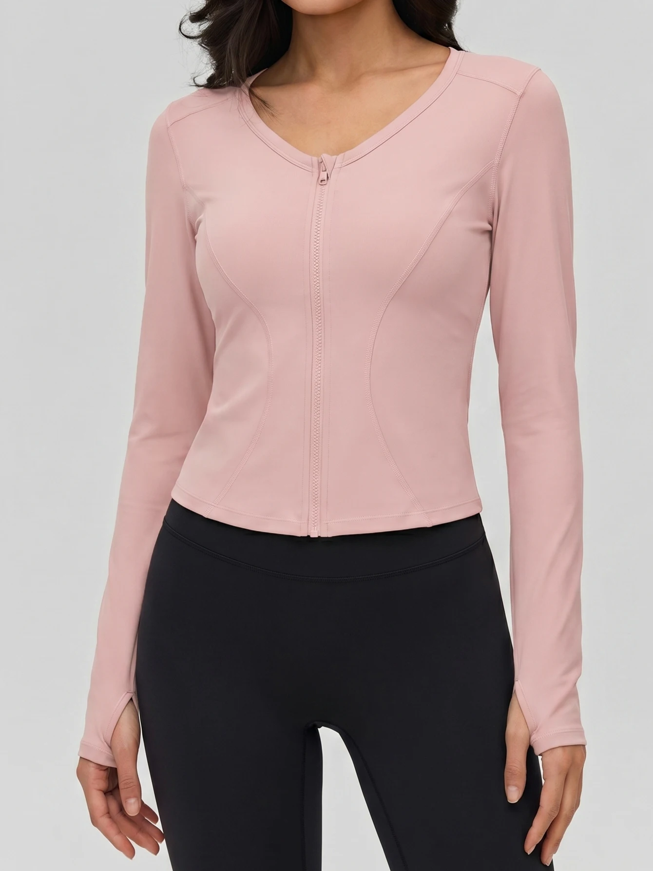 Women's Zip Up Yoga Top with Thumb Holes, Long Sleeve Fitted Workout Shirt, Slim Fit Sports Running Gym Athletic Top