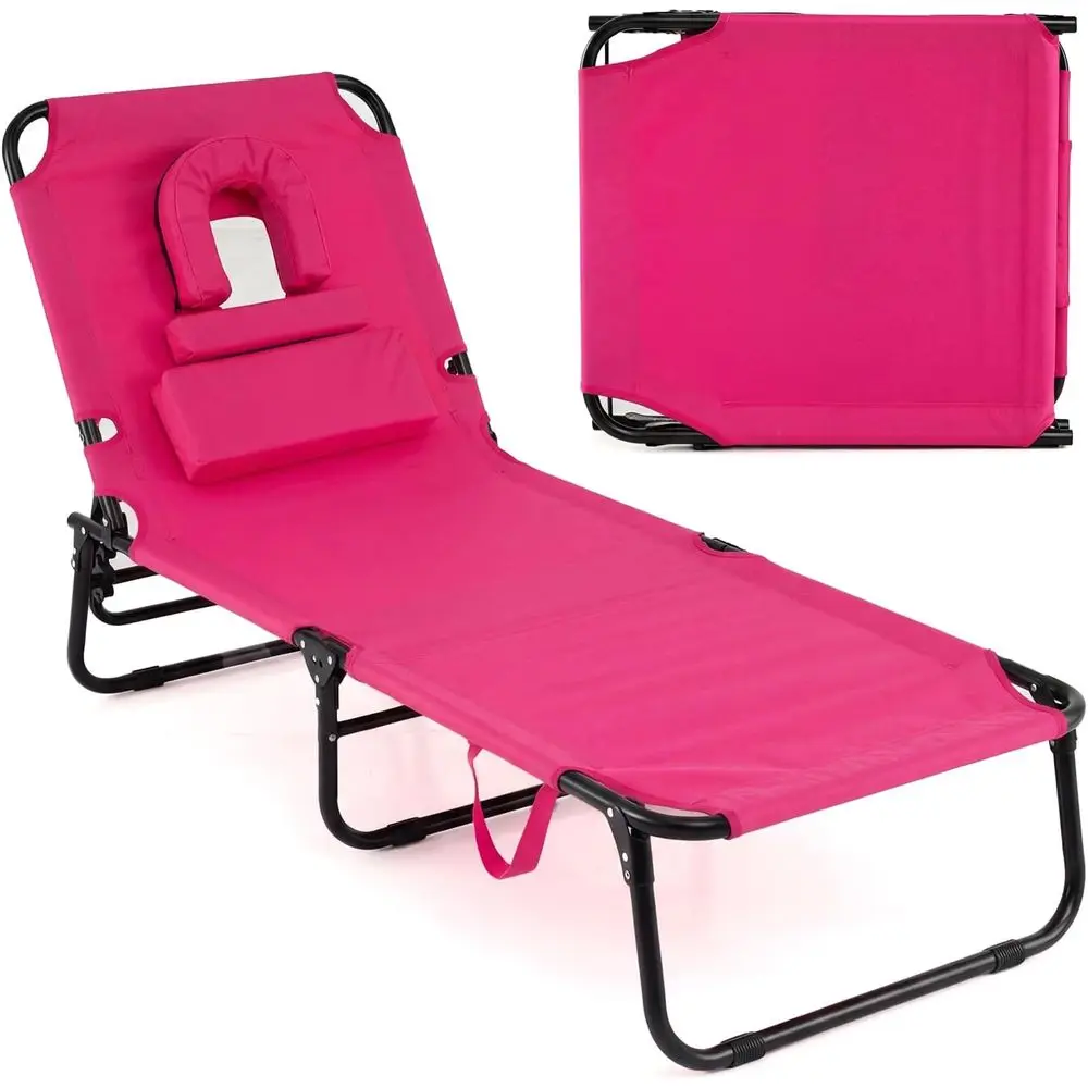 Tanning Chair, 330lbs Beach Lounge Chair with ace Hole, Washable Pillow & Carry Strap, Adjustable olding Chaise Lounge, Layout C