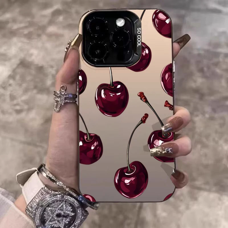Cute Cherry Pattern Electroplate Silver IMD Phone Case For iPhone 17 16 15 14 13 12 11 Pro Max 17 Air 16E 7 8 Plus X XS XR Cover - náhled 2