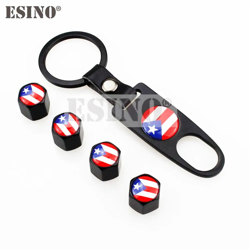 4 x Car Stainless Steel Zinc Alloy Wheel Tire Valve Stems Caps Purto Rico National Flag Fit With Mini Wrench Key Chain