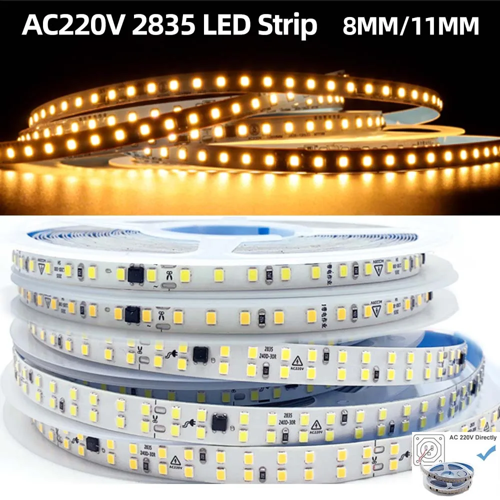 10M 20M/Roll AC 220V 240V LED Strip NO Need Driver 3000K 6000K 2835 120Leds/M 240Led/m Flexible Ribbon Rope Tape Light Home Lamp